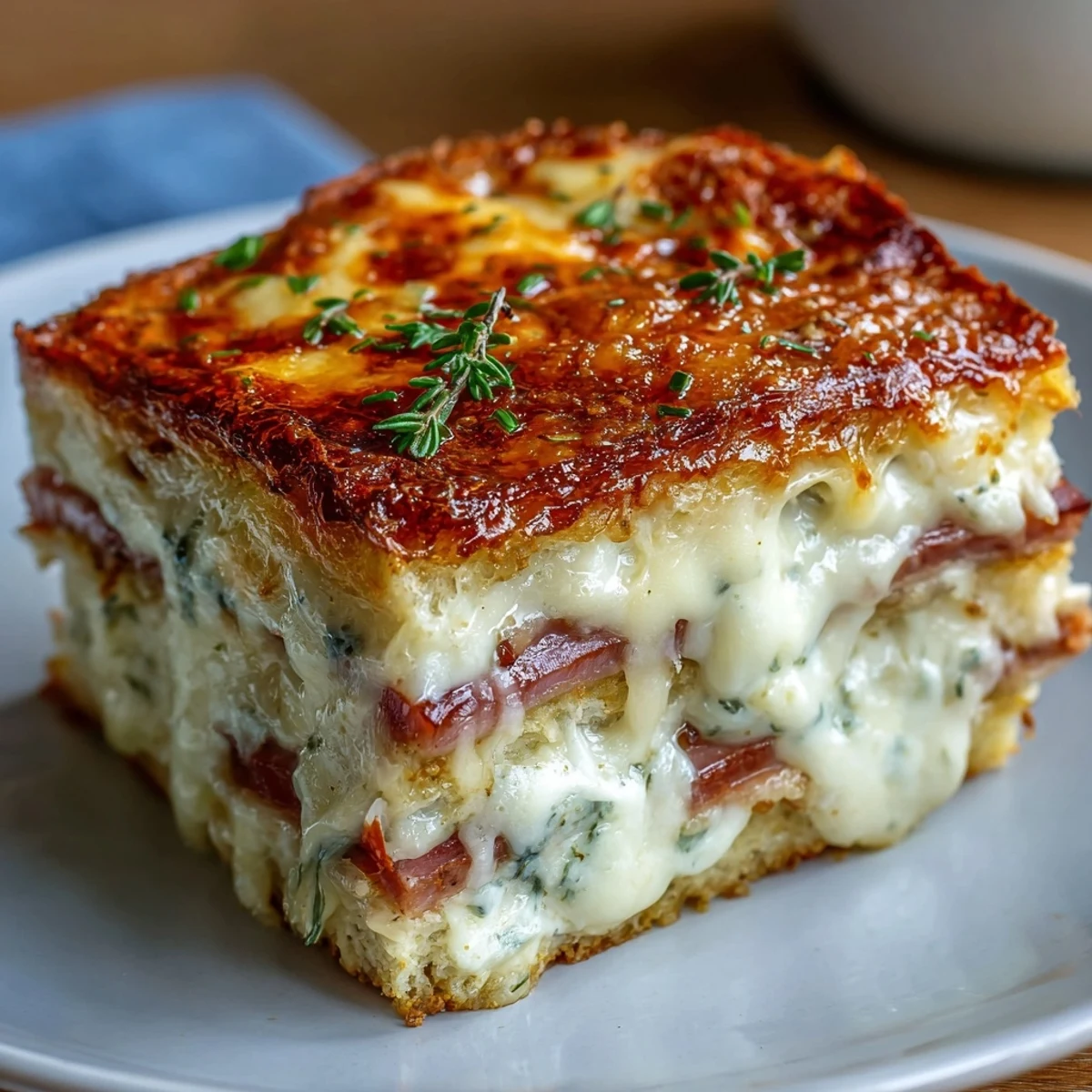 Golden, puffed Croque Monsieur Casserole with bubbly Gruyère cheese, layered ham, and buttery bread fresh from the oven.