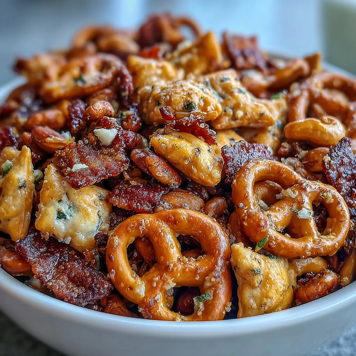 A close-up shows Everything Ranch Cheese and Pretzel Snack Mix seasoned with herbs and sesame seeds, ready for a party platter. 