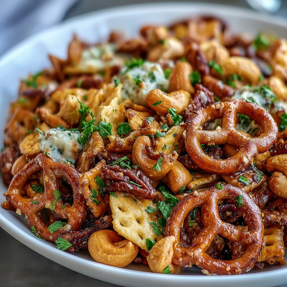 Golden-baked Everything Ranch Cheese and Pretzel Snack Mix spills from a ceramic bowl, loaded with pretzels, cheddar crackers, and cashews. 