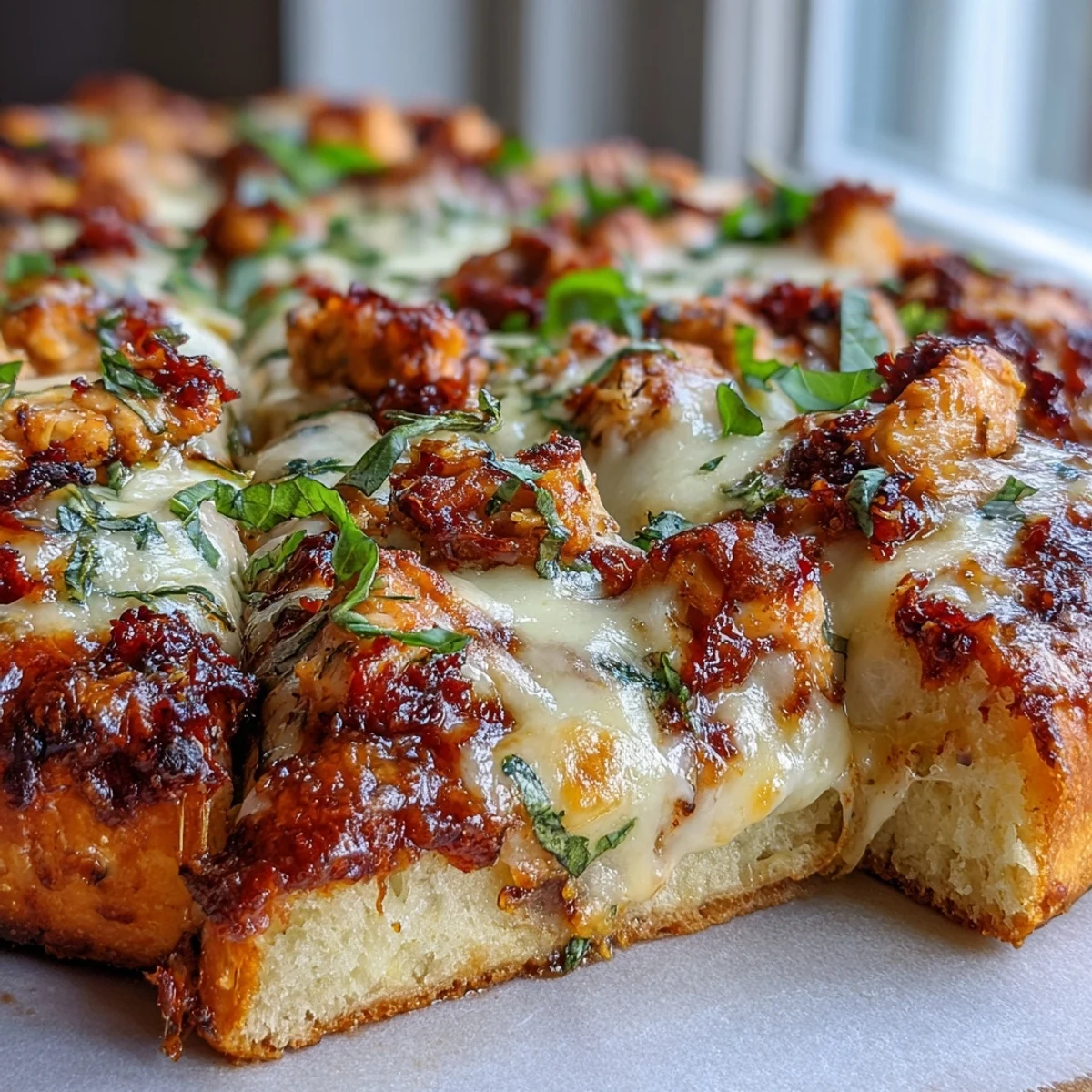 Golden, bubbly Marry Me Chicken Pizza with creamy chicken, sun-dried tomatoes, and fresh basil.