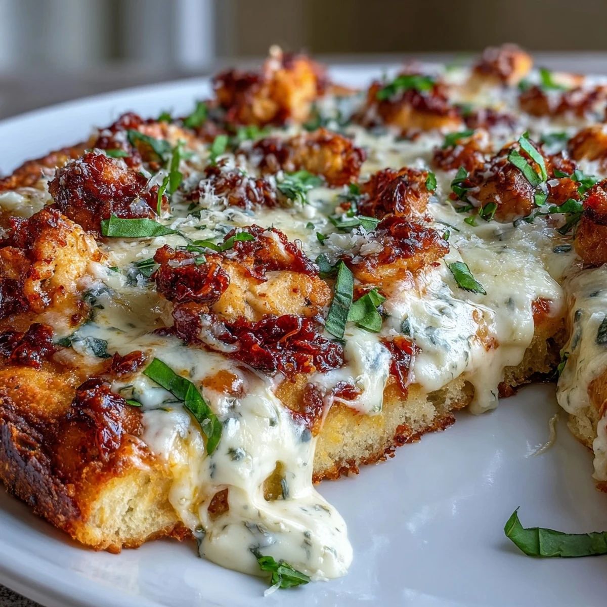 Slices of Marry Me Chicken Pizza show a crispy, brushed crust and rich Parmesan sauce.