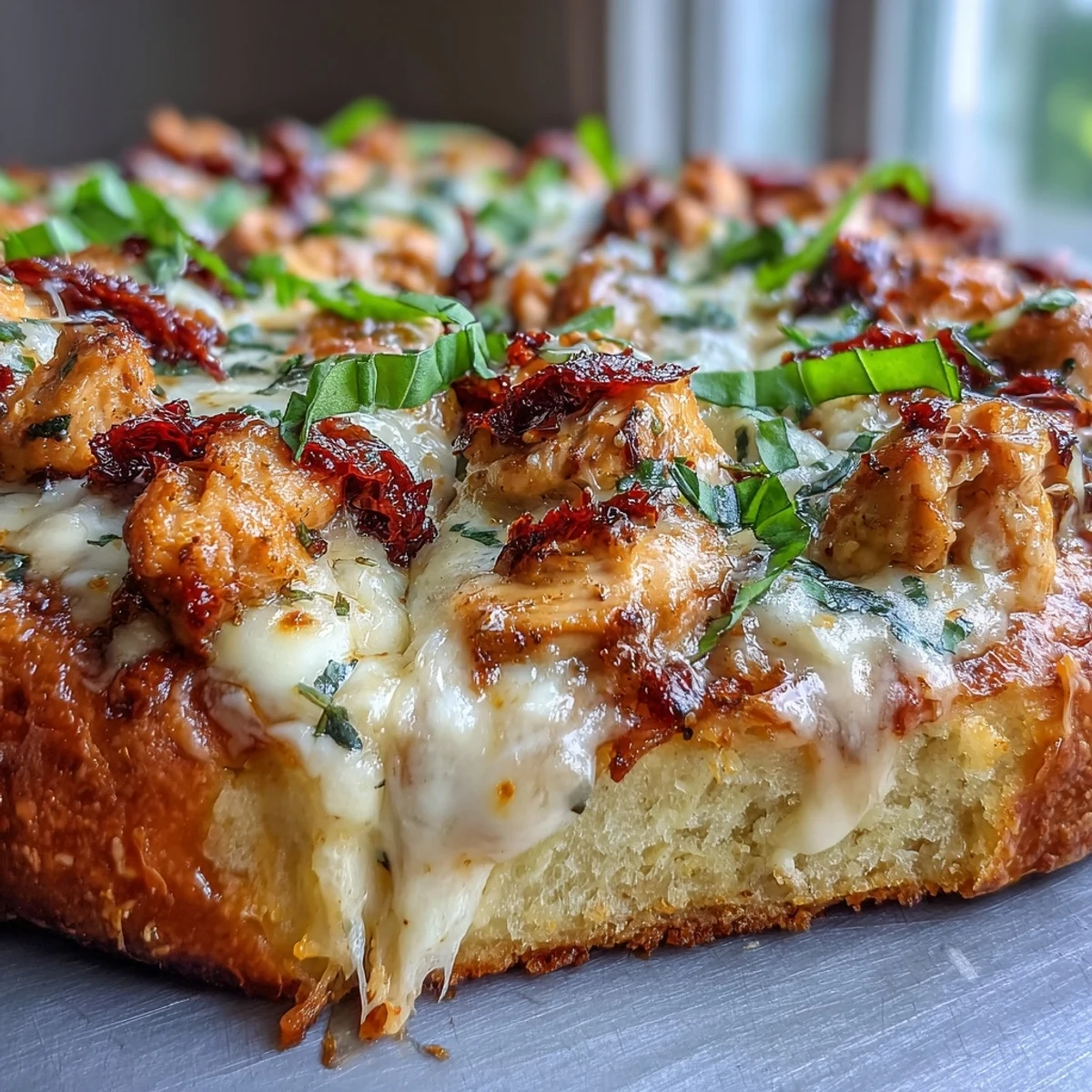 Fresh torn basil tops the Marry Me Chicken Pizza on a rustic wooden serving board.