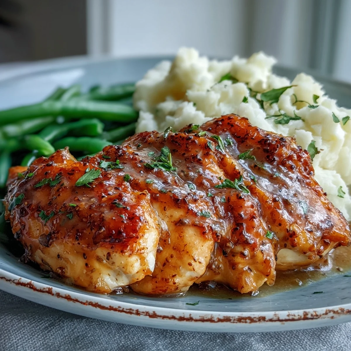 Tender honey mustard chicken breasts lifted from the slow cooker, drizzled with rich sauce over fluffy mashed potatoes.