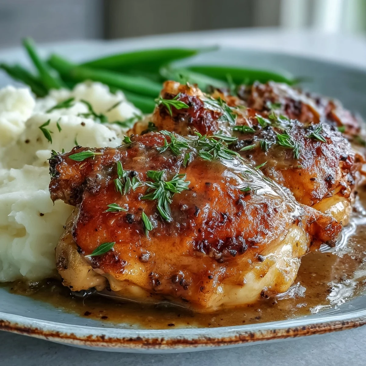 Slow cooker honey mustard chicken breasts in a velvety, golden sauce, garnished with parsley and ready to serve.