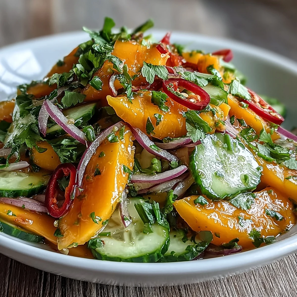 Bright mango strips, crisp bell peppers, and onions in a tangy lime-honey dressing, topped with cilantro and thin chilies in a Refreshing Mango Salad with Lime Dressing.
