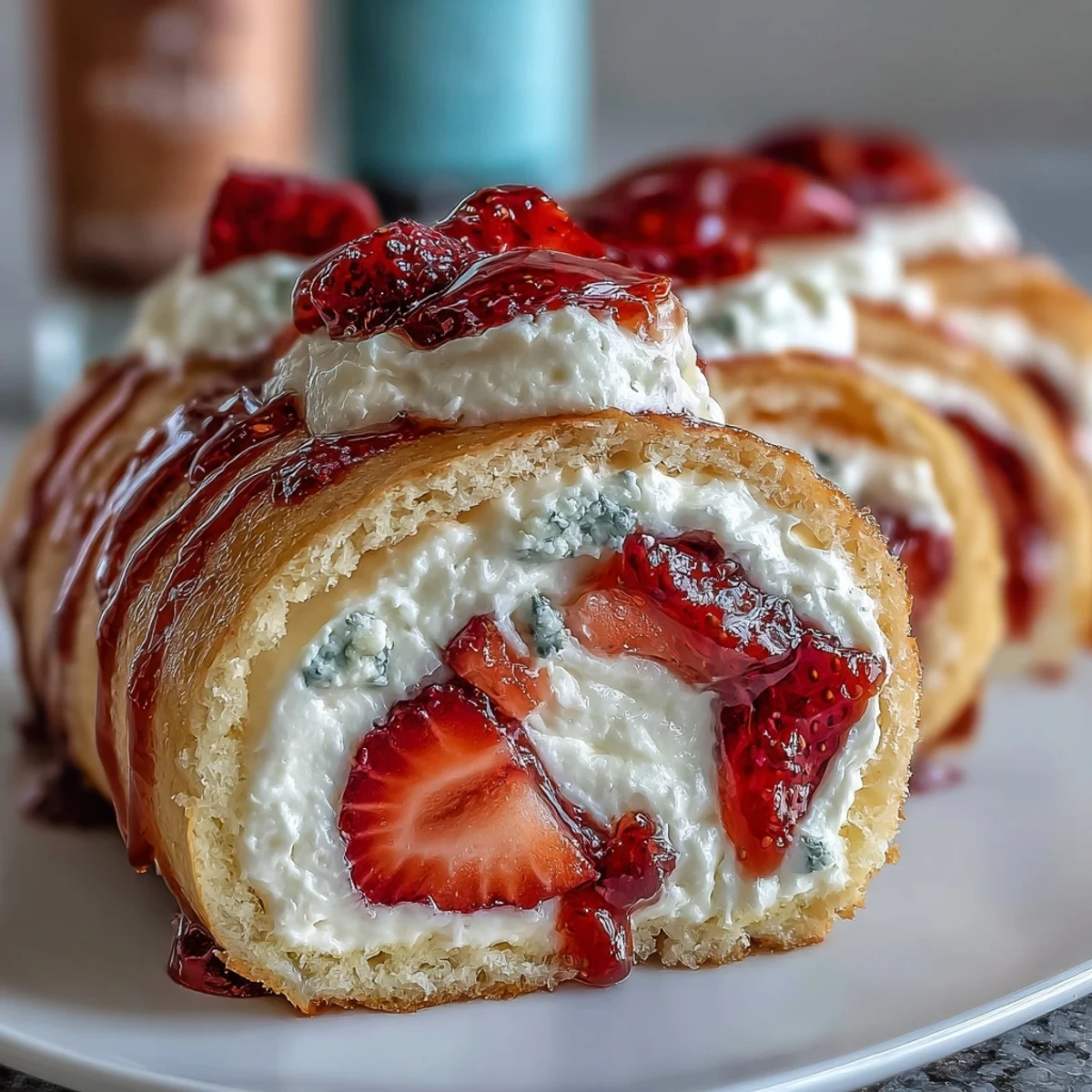 A spiral of Strawberry Shortcake Sushi Roll with golden crepe layers, whipped cream, and fresh berry slices drizzled in white chocolate.
