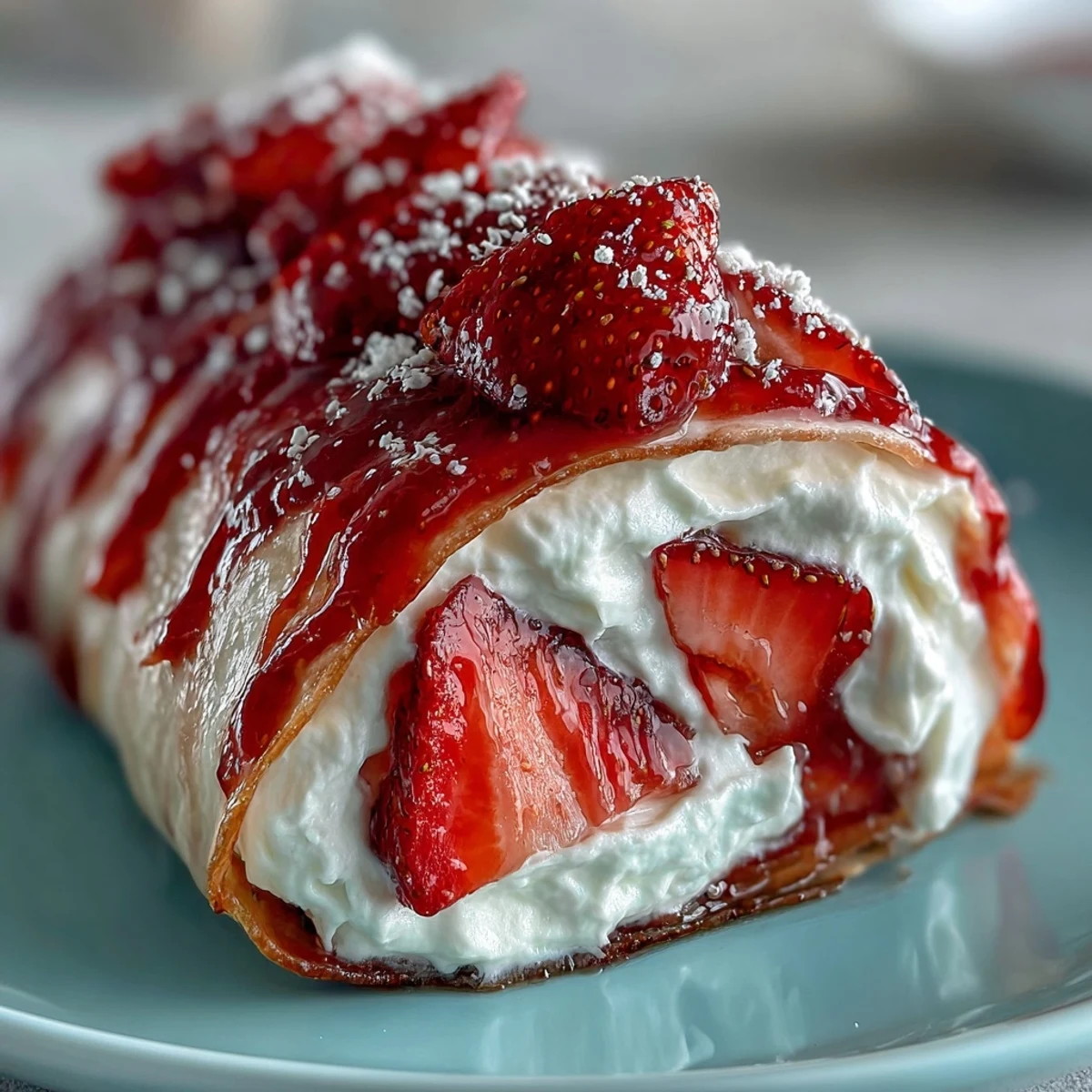 A close view of sliced Strawberry Shortcake Sushi Roll revealing pinwheels of juicy berries, creamy filling, and delicate crepes.