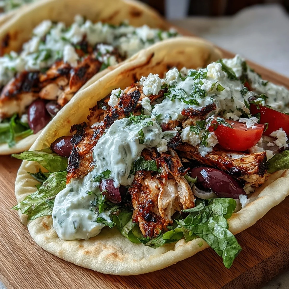 Golden-brown Mediterranean Chicken Gyros with Creamy Feta Tzatziki served with lemon wedges and colorful toppings.