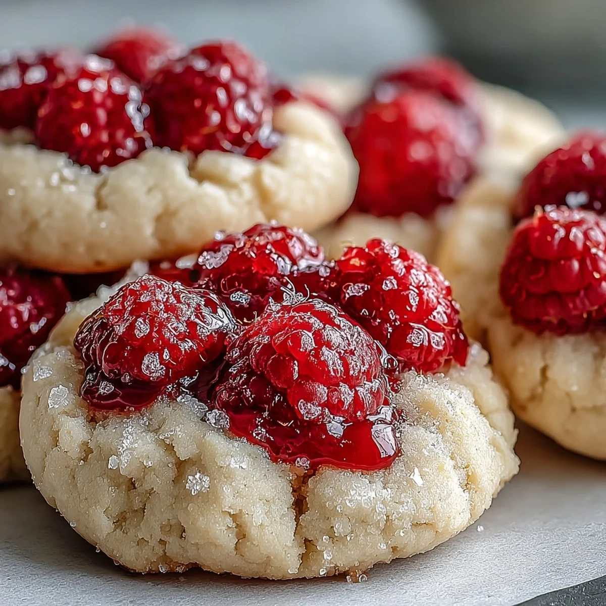 Freshly baked Soft Chewy Raspberry Sugar Cookies are arranged on a cooling rack, featuring vibrant red berry speckles and a sparkling sugar coating.