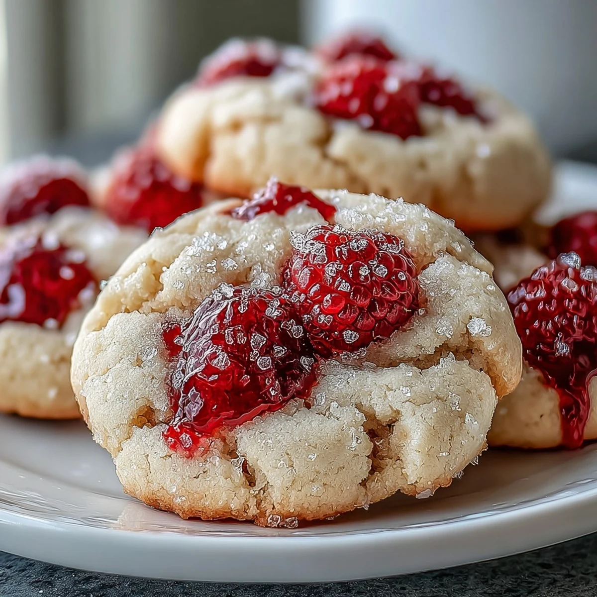 A close-up view of Soft Chewy Raspberry Sugar Cookies shows a chewy interior texture with juicy raspberry pieces and a sparkly, pink-tinged sugar crust.