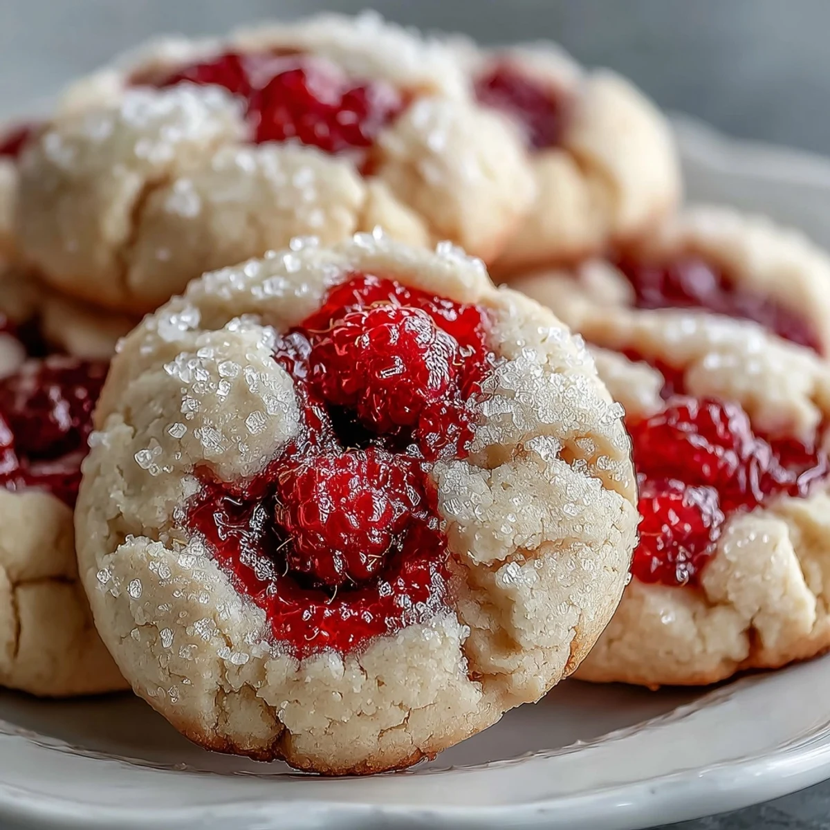 These golden Soft Chewy Raspberry Sugar Cookies rest on a white plate, perfect for serving with afternoon tea or as a colorful dessert platter.