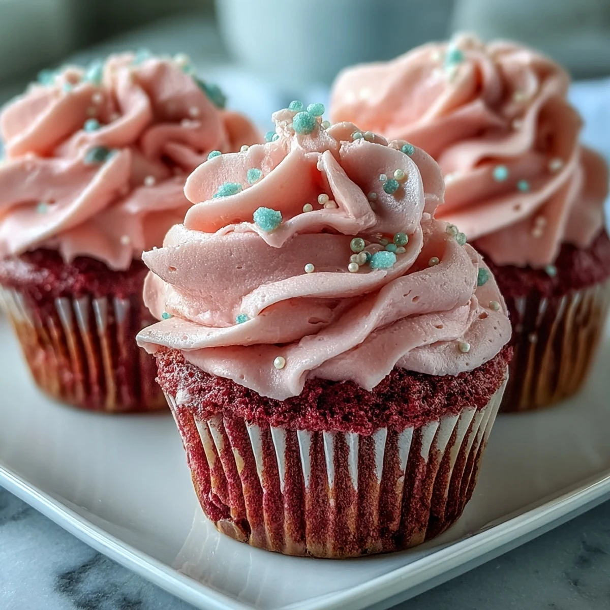 Golden-edged Pink Velvet Cupcakes with creamy vanilla buttercream swirls, ready to serve at a cozy dessert table.