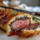 Gourmet Beef Wellington slices reveal pink tenderloin wrapped in mushroom duxelles and prosciutto, plated with red wine sauce for a holiday meal.