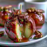 Sweet mini candy apple bites on toothpick skewers, glossy red candy coating glistening on crisp apple chunks.