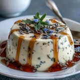 A creamy, smooth Honey Lavender Panna Cotta dessert infused with fragrant lavender, topped with fresh berries and edible flowers.