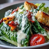 Tahini Caesar salad featuring fresh romaine, juicy cherry tomatoes, and a rich, creamy dressing for a modern twist.