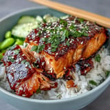 A vibrant salmon teriyaki bowl with tender fish, steamed rice, and colorful vegetables for a balanced meal.  