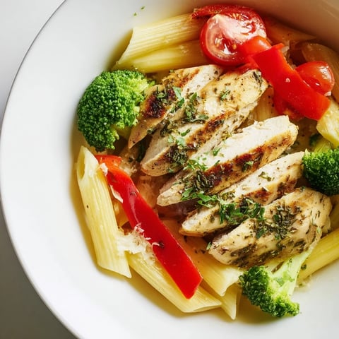 Roasted garlic herb chicken and colorful vegetables tossed with penne pasta in a light, aromatic sauce, served warm.