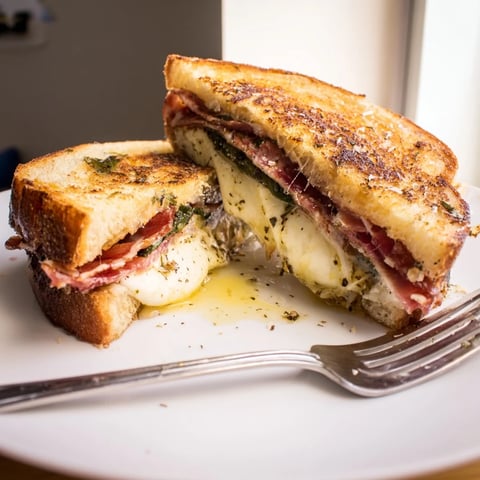 Golden sourdough slices hugging melted burrata and crispy prosciutto, garnished with fresh basil for a gourmet grilled cheese experience.
