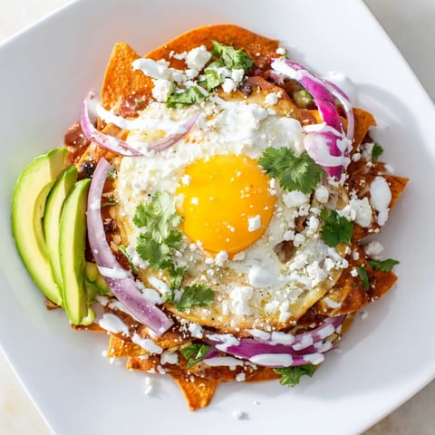 Crispy tortilla chips tossed in zesty salsa verde, topped with a runny egg, queso fresco, and avocado for a vibrant breakfast.  