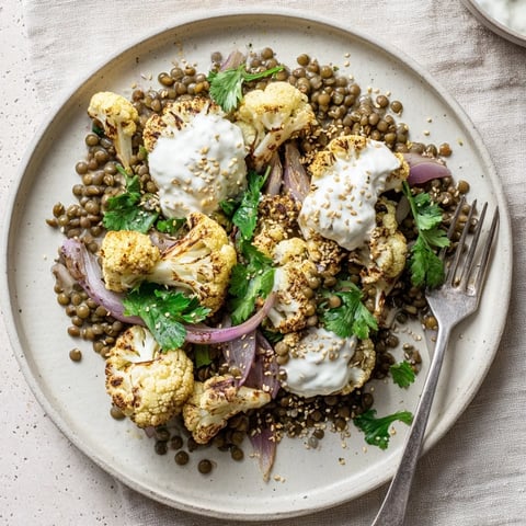 Golden roasted cauliflower florets, seasoned with cumin and paprika, arranged over a bed of vibrant lemon lentil salad with fresh parsley.  