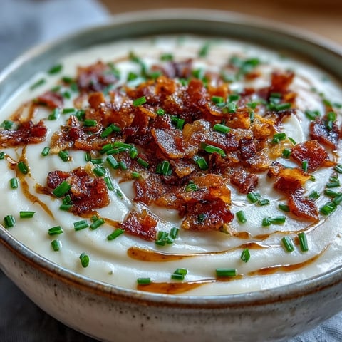 A warm bowl of Creamy Celeriac Soup with crispy bacon bits and fresh chives garnish.