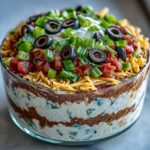 4-Way Layered Dip with refried beans, creamy sour cream, and fresh salsa, topped with cheese, olives, and green onions.