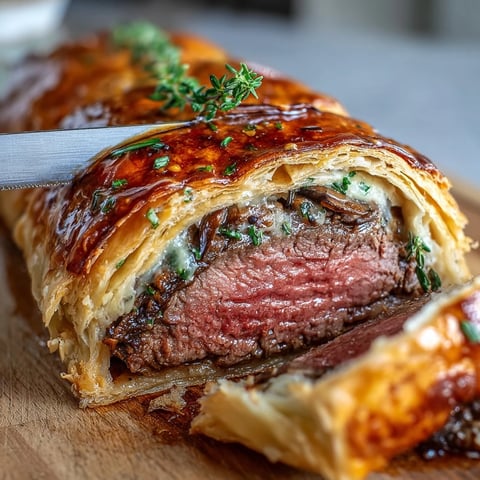 Freshly baked Beef Wellington with a golden, flaky crust and tender beef fillet, ready to slice for a special dinner party.