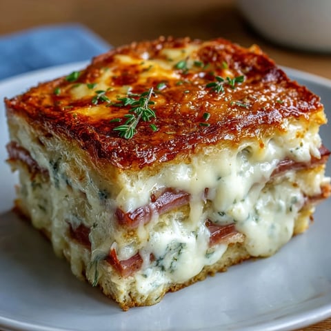 Golden, puffed Croque Monsieur Casserole with bubbly Gruyère cheese, layered ham, and buttery bread fresh from the oven.