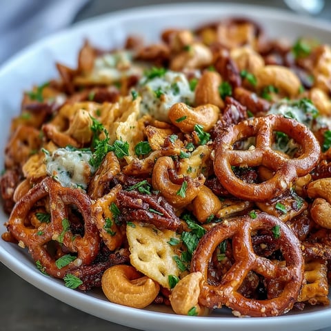 Golden-baked Everything Ranch Cheese and Pretzel Snack Mix spills from a ceramic bowl, loaded with pretzels, cheddar crackers, and cashews. 