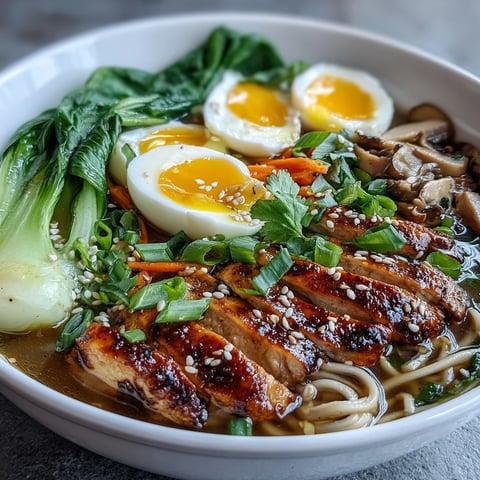 Overhead view of Healthy Miso Chicken Noodle Bowls with sliced chicken, bok choy, and a soft-boiled egg.