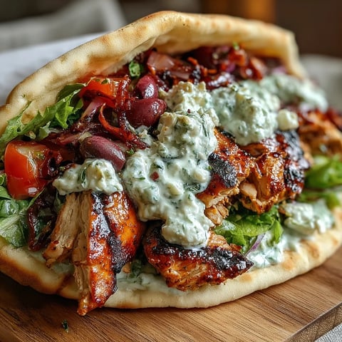 Sizzling, charred Mediterranean Chicken Gyros with Creamy Feta Tzatziki layered in warm pita with fresh veggies. 