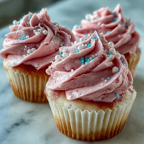 Moist and airy Pink Velvet Cupcakes topped with fluffy vanilla buttercream frosting, garnished with pink sugar crystals.