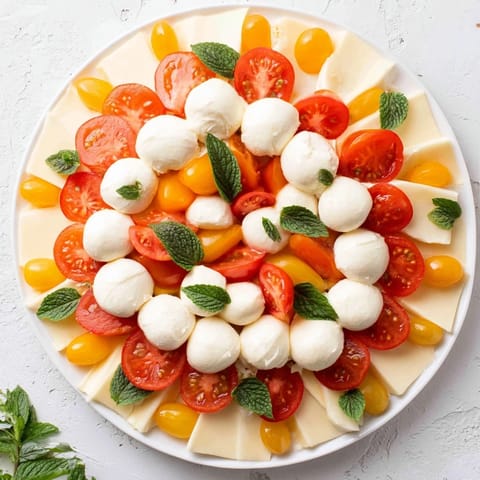 Festive Peppermint Stripe Celebration appetizer platter featuring layered mozzarella and red roasted peppers ready to enjoy.