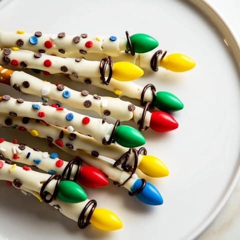 Festive no-bake pretzel sticks and dip Christmas lights arranged with colorful candy bulb decorations.