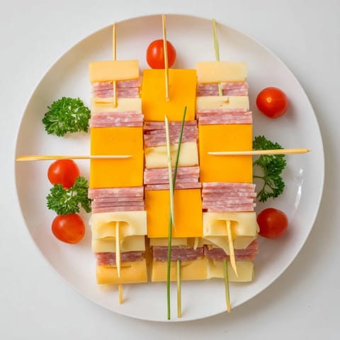A close-up of The Checkerboard Chalet, showing a playful appetizer with varied cheese and meat cubes.