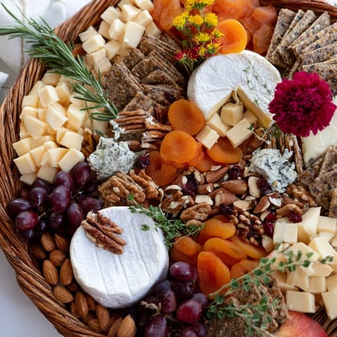 A close-up of a bountiful Autumn Harvest Horn of Plenty, perfect for a Thanksgiving appetizer.