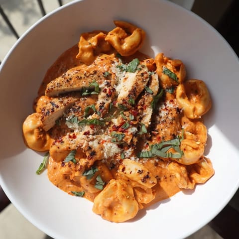 Close-up of golden, sliced chicken nestled in rich sauce with Marry Me Chicken Tortellini.