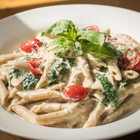 Close-up of creamy Cottage Cheese High-Protein Creamy Pasta, garnished with fresh basil.