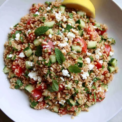 Close-up of a bright, healthy Tabbouleh Grain Bowl, drizzled with lemon dressing, perfect for lunch.