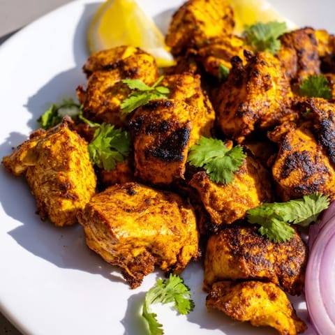 Garnished with fresh cilantro and lemon wedges, this gluten-free main dish is served hot.