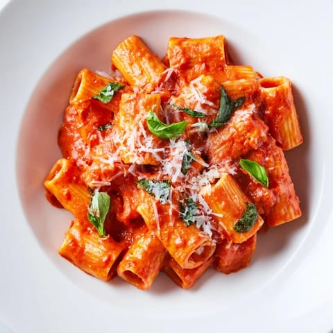 Tender rigatoni noodles tossed in a rich, creamy tomato sauce flecked with red pepper flakes, served in a rustic ceramic bowl on a wooden table.