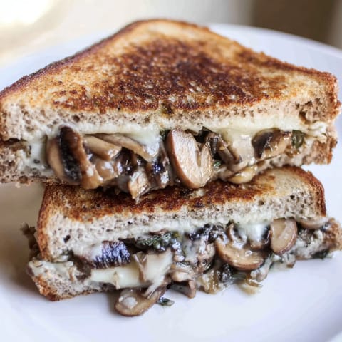 Savory Mushroom Swiss Grilled Cheese sandwich layered with earthy mushrooms and creamy Swiss on crispy rye bread.  