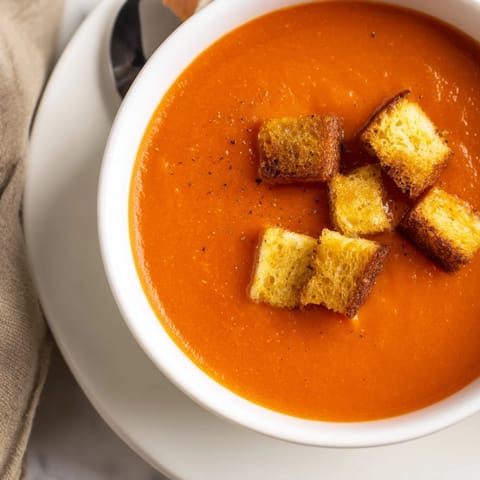 Golden grilled cheese croutons top a bowl of roasted tomato soup, garnished with fresh basil.