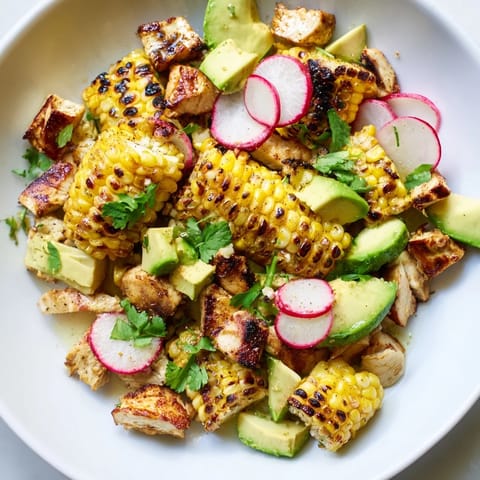 Hearty Roasted Corn & Chicken Chopped Salad served on a bed of crisp romaine with cherry tomatoes and a zesty lime vinaigrette.