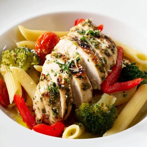 Juicy garlic-herb chicken, zucchini, bell pepper, and cherry tomatoes mingle with al dente penne and a light, lemony sauce.