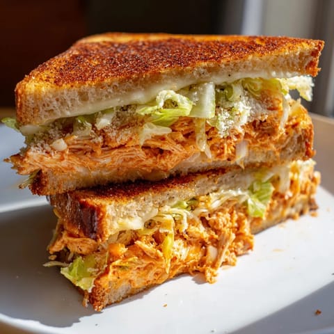 A close-up view of a Buffalo Chicken Caesar Grilled Cheese showing crispy sourdough, shredded romaine, and creamy Caesar dressing.