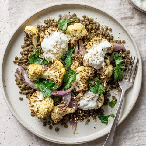 Golden roasted cauliflower florets, seasoned with cumin and paprika, arranged over a bed of vibrant lemon lentil salad with fresh parsley.  