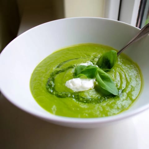 Creamy green Courgette, Pea and Pesto Soup served in a rustic ceramic bowl with a swirl of bright pesto.