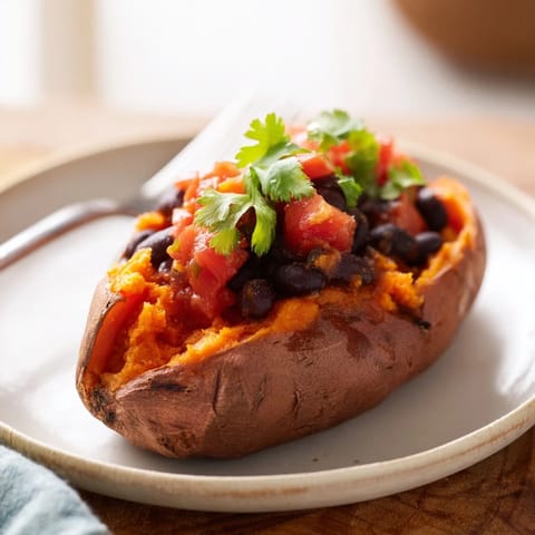 Roasted sweet potatoes with chipotle black beans and zesty tomato salsa, garnished with avocado and cilantro.